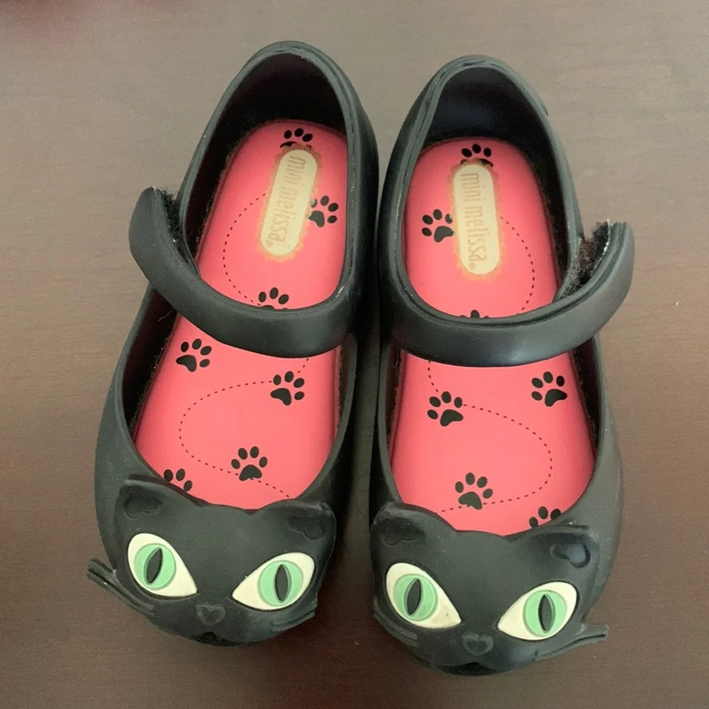 Mini Melissa Black Cat Mary Janes with Pink Insoles and Green Eyes